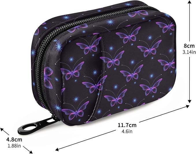 Travel Pill Organizer Bag Weekly Pill Organizer Case Glittering Magic Butterfly Portable Small Daily Pill Boxes for Vitamin Fish Oils Supplement Holder with Zipper Compact Size
