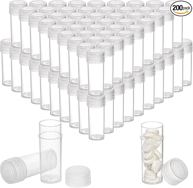 SOUJOY 200 Pieces Small Pill Bottle, 5ml Plastic Sample Bottle, Empty Prescription Medicine Vial Container with Cap, Clear Tiny Travel Tubes for Storage Portable Lab