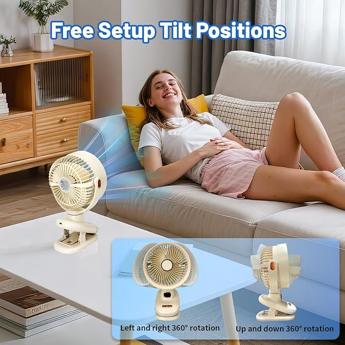 Portable Clip on Fan, Battery Operated Small Powerful USB Desk Fan with Night Light & LED Display Screen, Mini Table Fan, 360° Rotate Personal Fan for Home Office Stroller Camping (Beige)