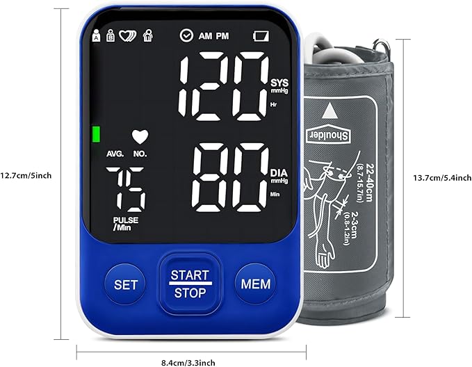 Blood Pressure Monitor Upper Arm Monitors for Home Use BP Machine with 2x120 Reading Memory Adjustable Arm Cuff 8.7"-15.7" Large Display with LED Background Light Storage Bag Navy