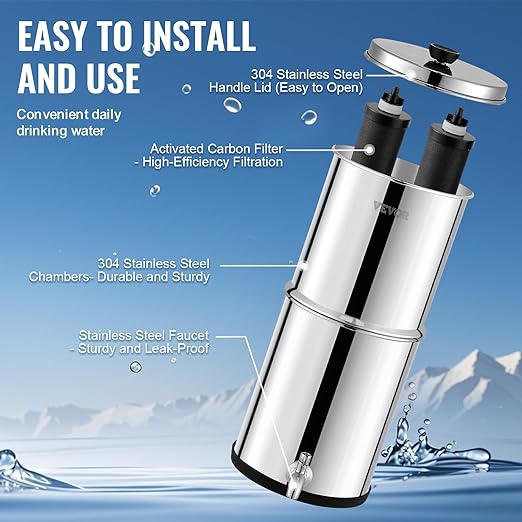 VEVOR Gravity-fed Water Filter System, 2.25G 304 Stainless-Steel Countertop System, Water Filtration System, Reduces Lead and up to 99% of Chlorine, with 2 Carbon Filters & Spigot, for Home Camping RV