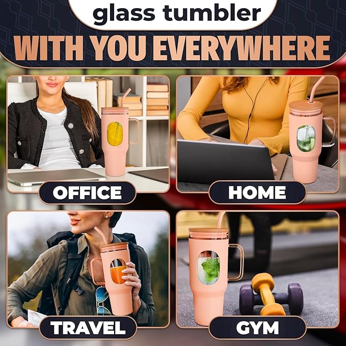 46 Oz Glass Tumbler with Lid – Large Peach Tumbler with Straw and Lid | Ergonomic Glass Water Bottle with Handle, 2 Straws, Silicone Sleeve, Dishwasher Safe, Easy Visibility | Valentine's Day Gift