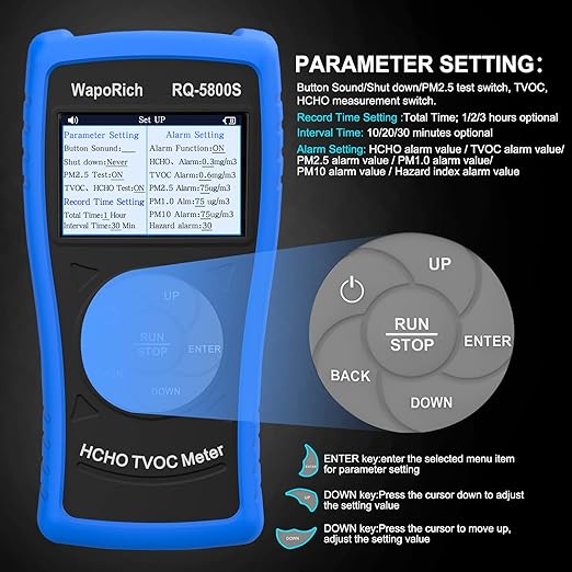 Air Quality Monitor PM2.5 PM10 Particle Counter, 4-in-1 Formaldehyde Detector for HCHO, TVOC, Indoor Air Quality Tester with Alarm, Rechargeable for Home, Office, Industrial Use - RQ-5800S