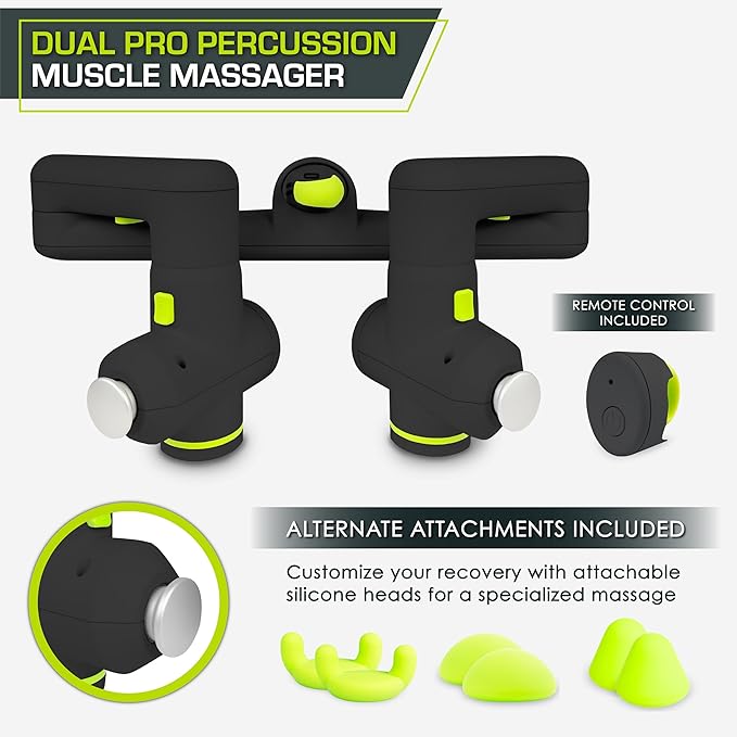 ProsourceFit Dual Pro Percussion Massage Gun, 6 Attachable Pieces for Deep Tissue Relief, Muscle Massager Gun with 4 Speed Levels, Adjustable Handles for Back Massage, and Quiet Portable Relief, Black