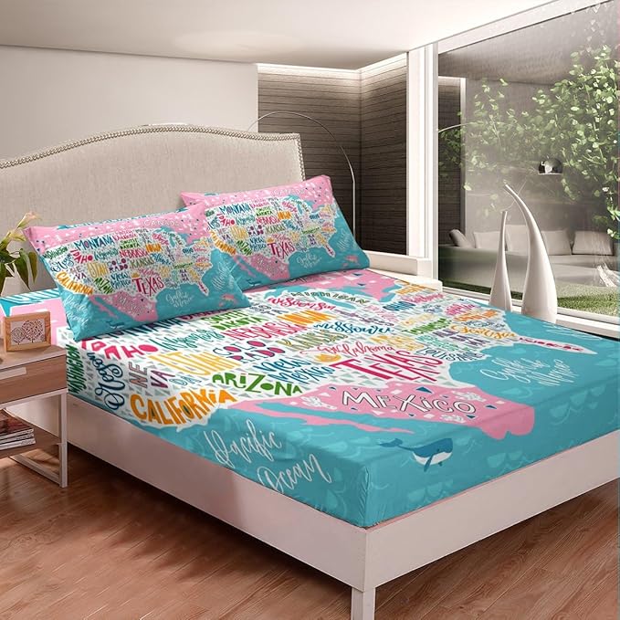 Blue Pink USA Map Fitted Sheet Full, Geography Bed Sheet Set for Kids Boys Girls Teens Educational Map Bedding Set Learning Educational Bed Cover Lightweight
