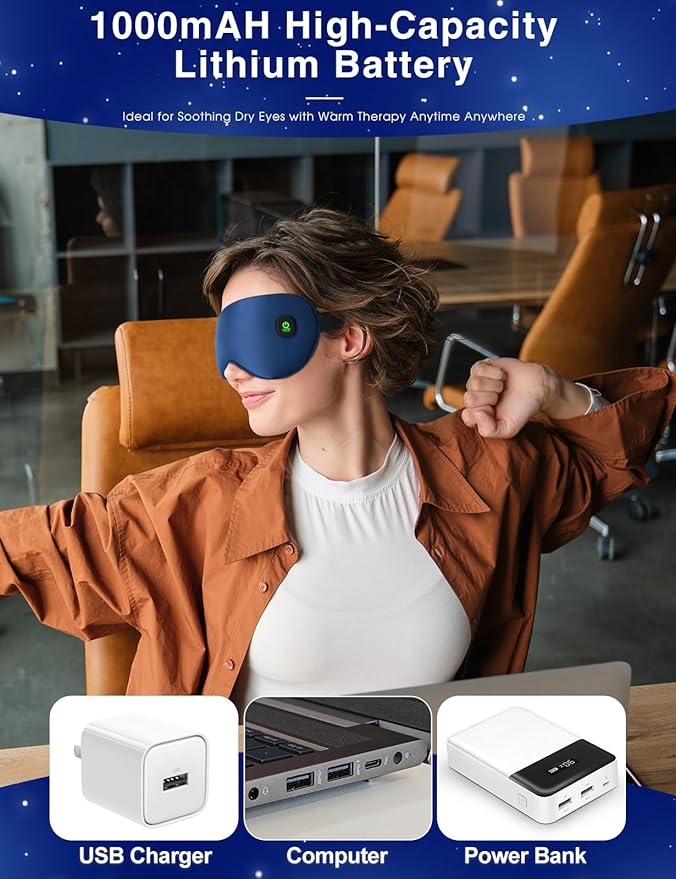 Heated Eye Mask-Cordless Warm Eye Compress Heated Eye Mask for Dry Eyes, Blepharitis,Light Blocking Heat Eye Mask for Men Women, Electric Warm Eye Mask for Airplane Sleeping for Travel (Navy Blue)
