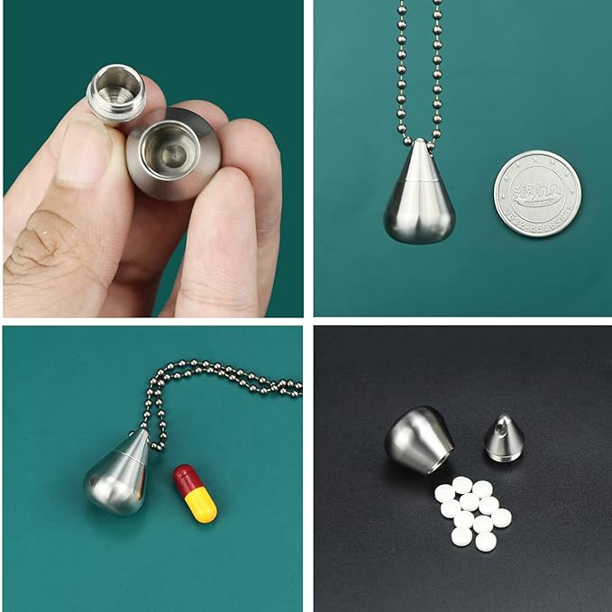 Necklace Mini Pill Holder for Men, Keychain Pill Container Titanium, EDC Waterproof Pill Case, Portable Daily Travel Pill Box Organizer for Purse Pocket Outdoor Emergency Pills Storage