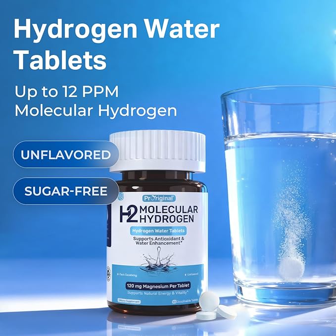 Hydrogen Water Tablets - 12 PPM H2 Molecular Hydrogen - 120 mg Magnesium-Based Reaction System - Supports Antioxidant Defense, Cellular Health, Energy & Brain Function - Non-GMO, Unflavored 60 Tablets
