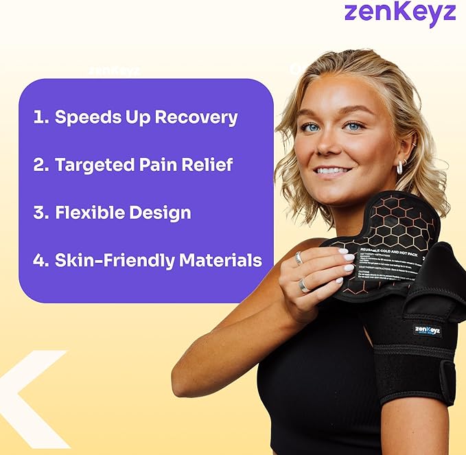 ZENKEYZ Reusable Gel Shoulder Ice Pack - 8x10 Inch, Black, Pack of 1 - Hot & Cold Therapy for Injuries - Flexible Knee Ice Wrap - Ankle Wrap & Back Pain Support Sport Gift for Athletes and Seniors