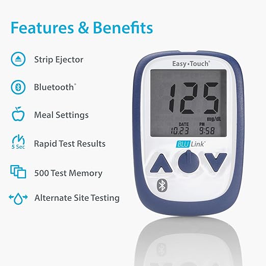 BluLink Bluetooth Blood Glucose Monitoring System by EasyTouch – Sync Results to Your Phone, Fast & Accurate Testing, Includes Meter, Lancing Device & 10 Lancets (Test Strips Sold Separately)