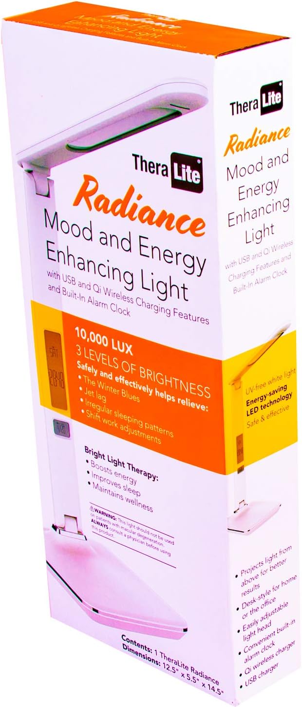 Theralite Carex Radiance Bright Light Therapy Sun Lamp, 10000 LUX Therapy Lamp, LED Bright White Light with Adjustable Brightness, Alarm Clock, Wireless Charging Station, USB Port, White