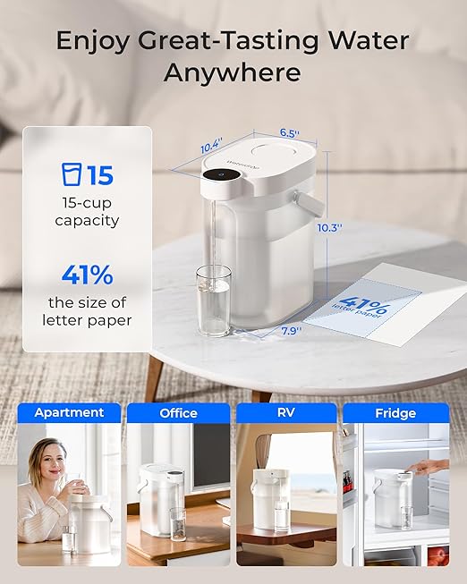Waterdrop Alkaline Rechargeable Water Filter Dispenser, 6-Stage Instant Electric Powerful Pitcher, Healthy Mineralized Alkaline Water, 15-Cup Portable Countertop System, Does not Lower TDS