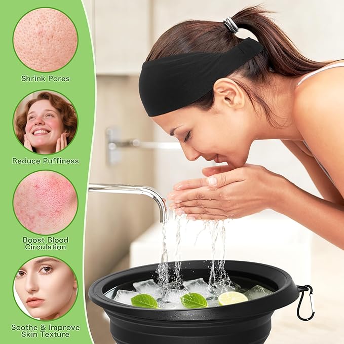 Foldable Ice Bowl with Built-In Ice Tray – Silicone Facial Ice Bath for Shrinking Pores, Boosting Circulation, Cold Plunge Skincare Gift for Men & Women (Black)