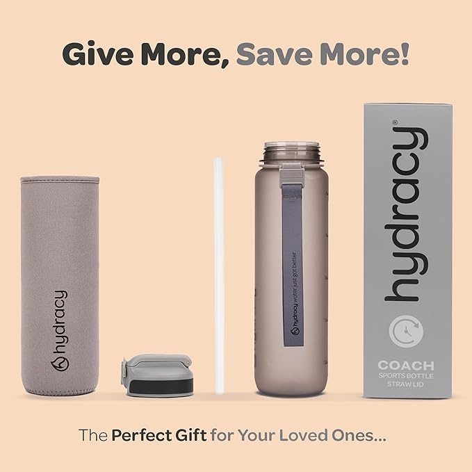 Hydracy Water Bottle with Time Marker -Large BPA Free Water Bottle & No Sweat Sleeve -Leak Proof Gym Bottle with Fruit Infuser Strainer & Times to Drink -Ideal for Fitness Sports & Outdoors