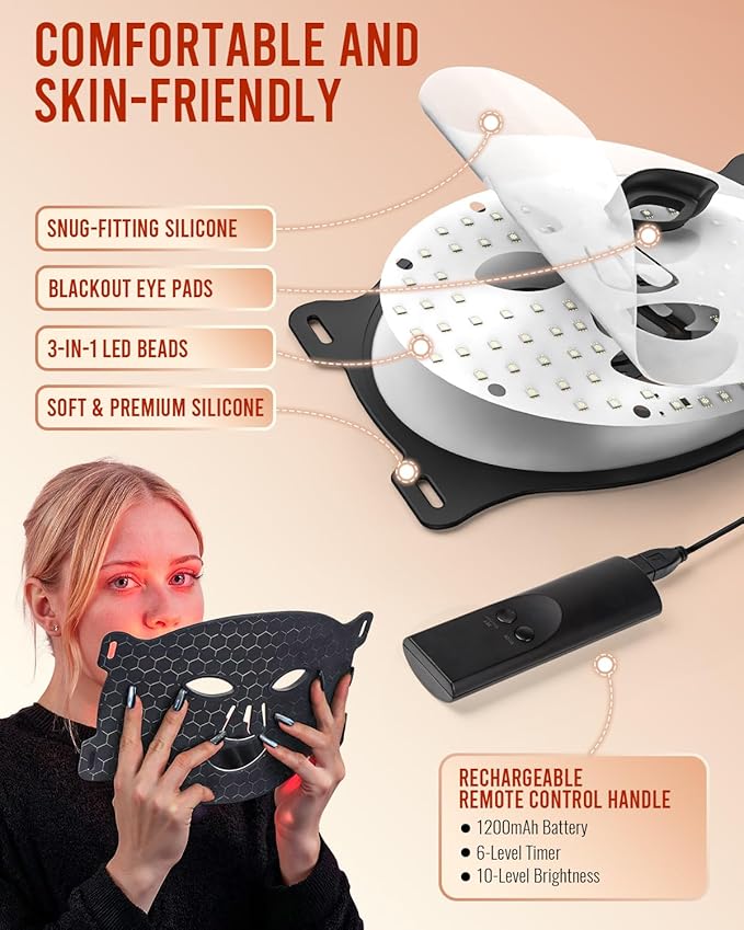 LED Light Therapy Face Mask for Full-face Wrinkles, 4 Colors Red Light Therapy Facial Mask, Rechargeable Portable for Travel and Home Use (Black)