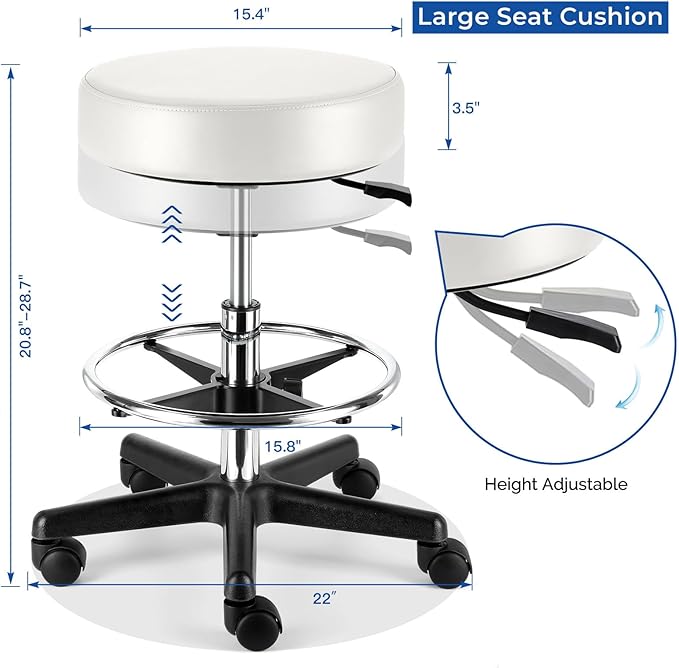 JMU Round Rolling Stool with Foot Rest,Ultra Soft PVC Leather Large Seat,Heavy Weight Capacity 400lbs, Adjustable Height for Tattoo Salon Spa Office Dentists Healthcare(White)