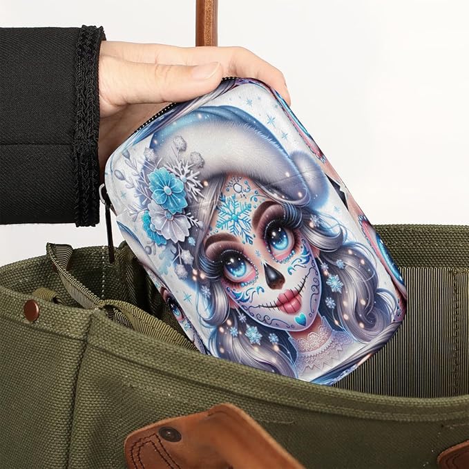 Winter Sugar Skull Girl Travel Pill Organizer Box Weekly Portable Pill Case Daily Pills 7 Day Small Birth Control Pills Container Removable Compartments for Medicine Vitamins Fish Oil