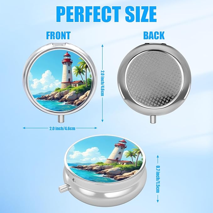 Pill Box, 3 Compartments Small Pill Case Travel Portable Metal Medicine Box with Mirror Mini Container for Purse Pocket Women Men（Lighthouse）