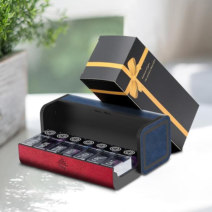 Medicine Pill Organizer, 7 Day AM PM Pill Box 2 Times a Day, Travel Leather Pill Case, Pressing The Double Opening, Holds Medication Vitamins Fish Oil and Supplements (Red and Blue)