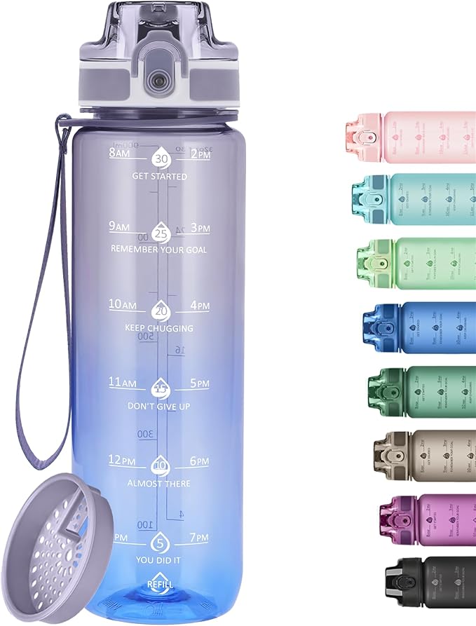 32oz Water Bottle with Time Marker, Motivational Drinking Bottle with Strap, BPA-Free Leak-Proof, Encouraging Water Bottle Time to Drink Water for Gym School Office Travel