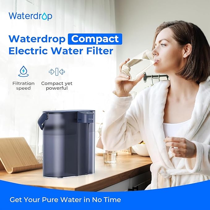 Waterdrop Compact Electric Water Filter Pitcher, 200-Gallon Rechargeable Instant Powerful Dispenser, NSF/ANSI 42&53&401, Reduce PFOA/PFOS, Lead, Chlorine, 14-Cup, Blue, with 1 Filter, NOT Reduce TDS