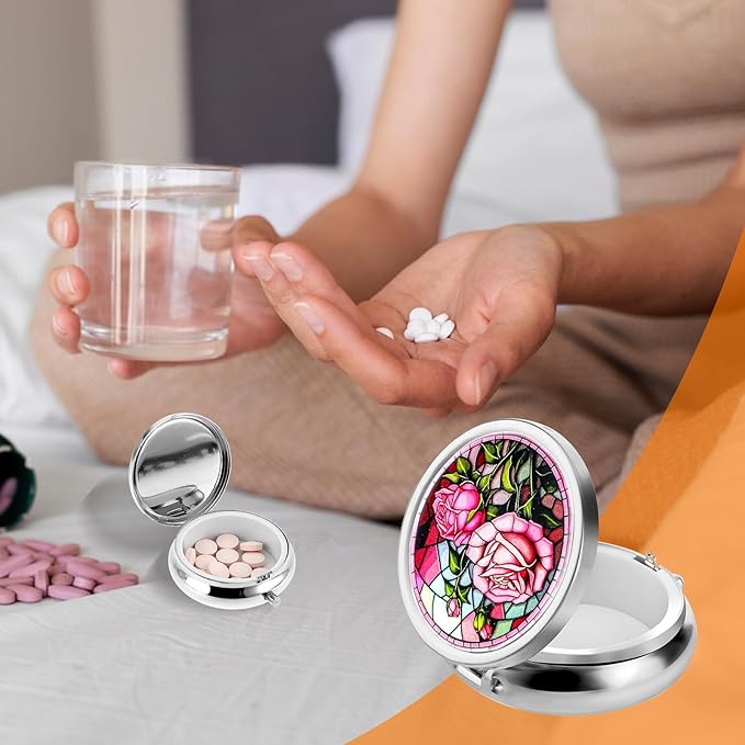 Pill Box Cute Small Pill Box for Purse & Pocket Medicine Organizer Travel Pillbox Waterproof Pill Case Metal Pill Container Holder for Vitamins, Fish Oil, Supplements (Silver Peony)