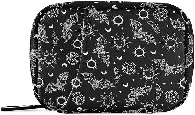 Travel Pill Organizer Bag Weekly Pill Organizer Case Bats Moons and Stars Portable Small Daily Pill Boxes for Vitamin Fish Oils Supplement Holder with Zipper Compact Size