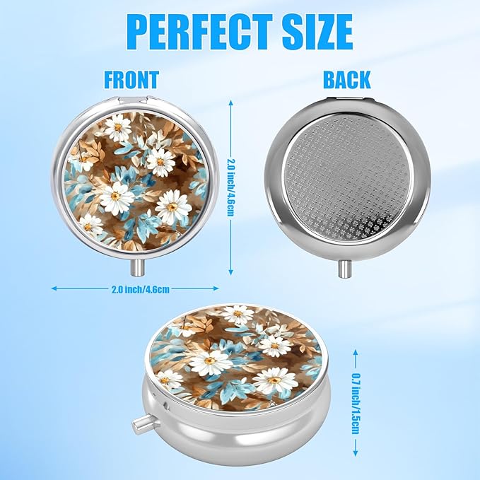 Pill Box, 3 Compartments Small Pill Case Travel Portable Metal Medicine Box with Mirror Mini Container for Purse Pocket Women Men（Watercolor Daisy）