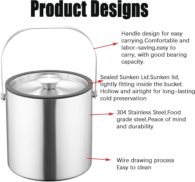 3L Double-Wall Insulated Ice Bucket with Lid, Ice shovel &Tongs and Strainer, Stainless Steel Ice Bath Tub with Silicone Sealed Lid for Wine, Ice Buckets for Parties, Wine Chiller, Light Sliver