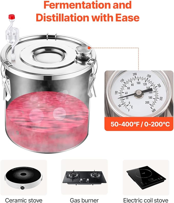 VEVOR Alcohol Still, 8 Gal / 30 L Stainless Steel Water Alcohol Distiller with Copper Coil, Home Brewing Refining Fermentation Kit with Thermometer, for Wine Whisky Brandy, Silver