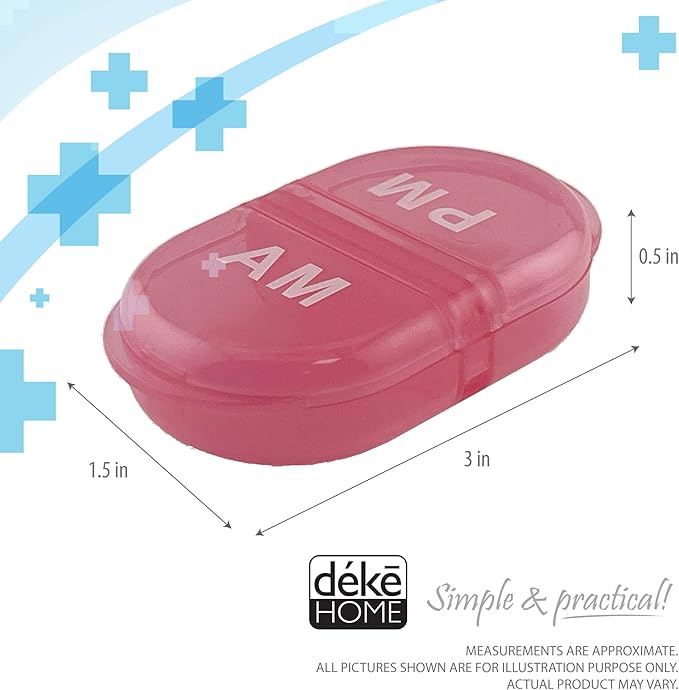 Deke Home - Pill Organizer AM PM, 2 Compartment Pill Box for Pocket or Purse, Small Daily Medicine Case, Travel Pill Holder, Easy Open Pill Container for Seniors, Vitamins & Supplements (Pink)