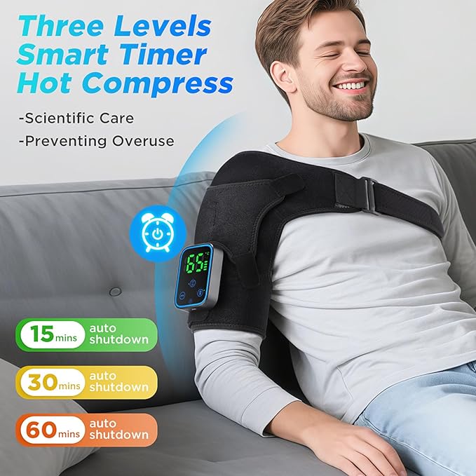 Cordless Heated Shoulder Brace with App Control - 7 Heat & 3 Vibration - Massage Wrap for Rotator Cuff & Frozen Shoulder Relief - Portable Electric Heating Pad for Recovery - Left & Right Shoulder