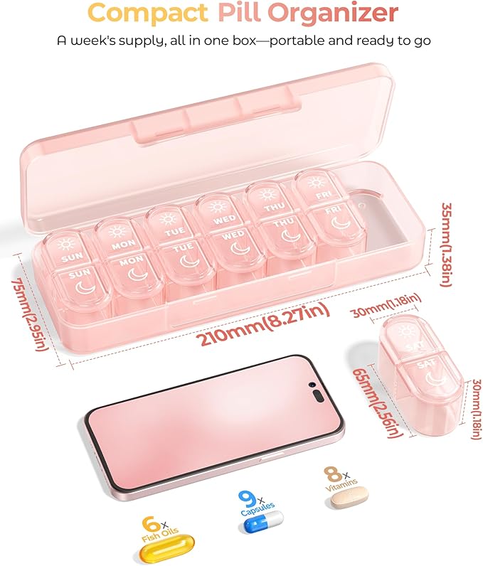 Weekly Pill Organizer 7 Day AM PM - Travel Pill Box 2 Times a Day with One-Hand Easy-Open Lid, 14 Compartments Portable Medicine Case for Daily Vitamins, Fish Oil, Pills and Supplements