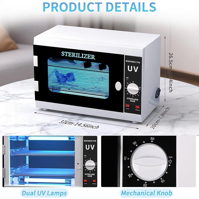 12L Nail Tools Cleaning Machine, Professional Dual Lamps System Cabinet with Digital Timer for Salon, Spa, Beauty, Barber & Home Metal Tools