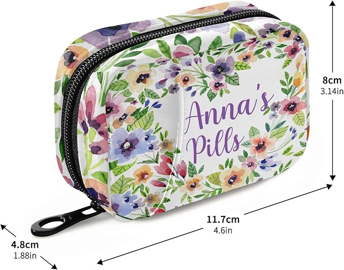 Custom Pill Box 7 Day Pill Case Bag Watercolor Spring Flowers Personalized Name Travel Pill Organizer Bag with Zipper Portable Weekly Case Compact Size for Vitamin Supplement Holder