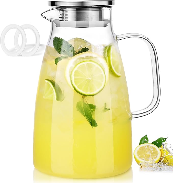 LUNA & MANTHA 2 Liter 68oz Water Pitcher with Handle and Spout, Glass Pitcher with Lid for Fridge, Borosilicate Glass for Sangria, Iced Tea, Juice, Cold/Hot Beverage, Large Jug with 2 Silicone Rings