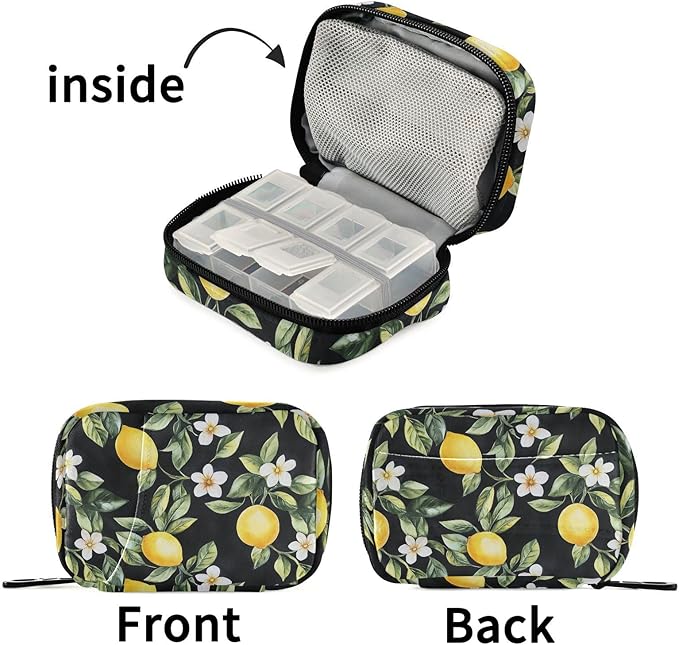 Fustylead Watercolor Lemon and Flower on Black Background Pill Organizer Case with Zipper 2 Times A Day for Vitamin and Supplement, 7 Day Travel Organizer Medicine Case