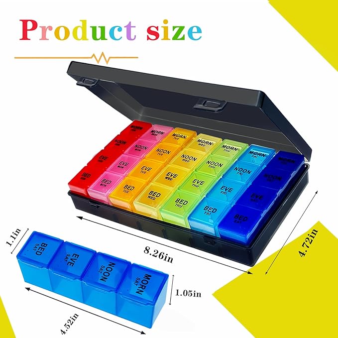 Weekly Pill Organizer 4 Times a Day, Large Medicine Organizer, Pill Box 7 Day 28 Compartment, Portable Travel Pill Container Case for Vitamin and Supplement (Color)