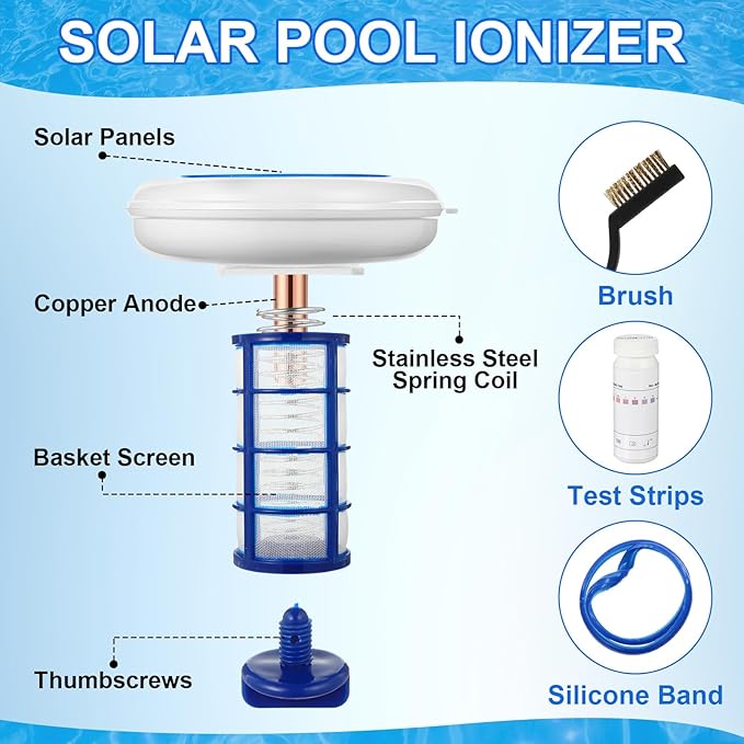 Qualirey 1 Set Solar Pool Ionizer Floating Water Cleaner and Purifier, Kill Algae in Pool, 85% Less Cl, with 4 Pcs Eliminating Ball for Fresh and Salt Water Pools Spas, Reusable (White)