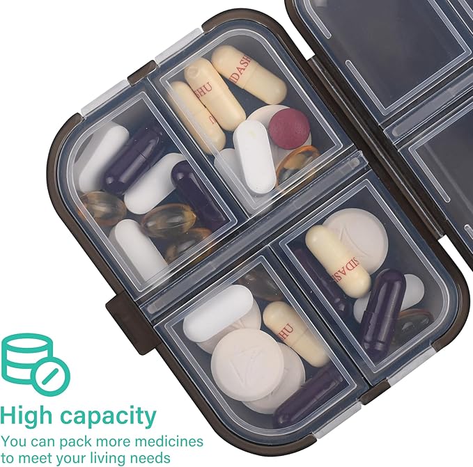Travel Pill Organizer Small 8 Grid Compartments Pill Holder Box - Portable Medicine Container Case - Daily Weekly Medication Organizer