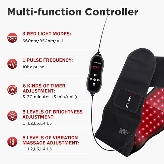 Red Light Therapy Belt - 660nm & 850nm Wavelength, Red Light Therapy Wrap, Near-Infrared Light Belt for Back, 5 Brightness Levels, 5 Vibration Levels, Timer