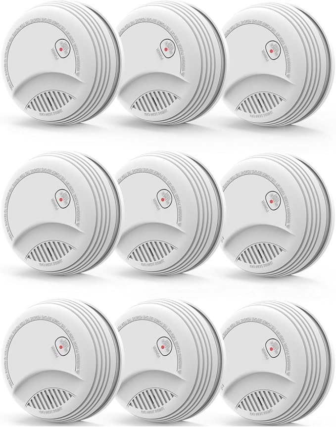 Fire Alarms Smoke Detectors, Photoelectric Sensor Smoke Alarm Battery Operated, Fire Alarm with Test Button & Low Battery Signal, LED Warning Light 85 dB Alarm Sound for Bedroom and Home, 9 Pack