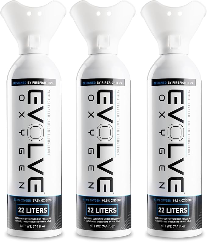 EVOLVE 22-Liter Pure Oxygen Canister with Breathing Cup | Portable Oxygen Can | Ideal for Home Use and Outdoor Activities | Designed by Firefighters | Made in The USA | Pack of 3