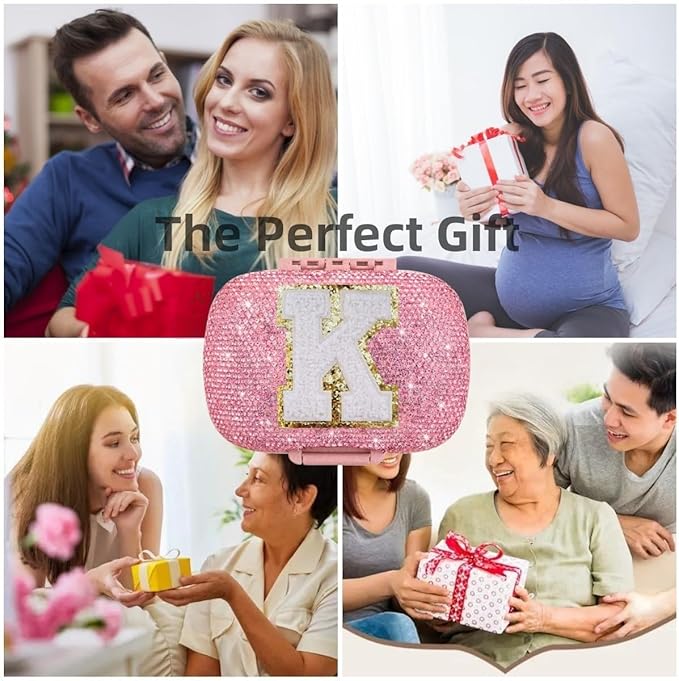 Cute Pill Organizer Small Bling Pill Case for Purse Medicine Vitamin Container Holder Daily Pill Box Container for Women Travel Medicine Kit(Letter K Pink)