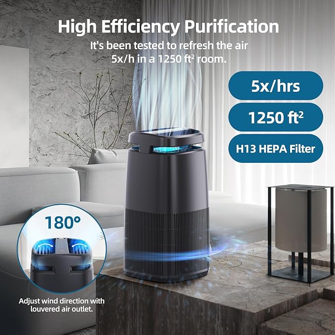 POMORON 4-in-1 Air Purifiers for Home, Air Ionizer Negative Ion Generator, H13 HEPA Filter, UV, Covers 1250 Ft² 99.97% Removal Rate for Pollen Smoke Pet Dander Air Cleaner for Bedroom, MJ002H, Black