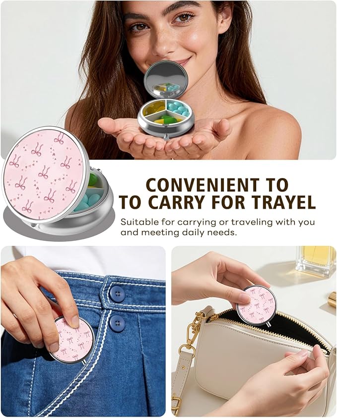 LRITER Pill Case, Portable Travel Pill Box, Pillbox Organizer, Cute Small Medicine Storage Container, Purse Accessories for Women, Men (Ribbon Bow)