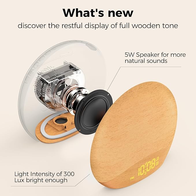 HOUSBAY Sunrise Alarm Clock Sound Machine, Wake Up Light- Soothing Sleep Sounds, Gentle Sunrise Alarm, Dimmable Night Light, Digital Clock & White Noise for Sleeping, Bedroom (Full Wooden Tone)