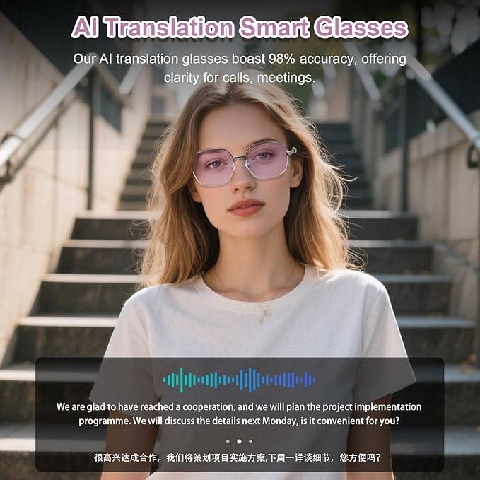 Al Smart Glasses for Women- Bluetooth Translation Glasses with 164 Languages, Color-Change Lens, Music & Call, IP54 Waterproof, Free App, Audio AI Translator Glasses for Meeting Cycling Travel Gaming
