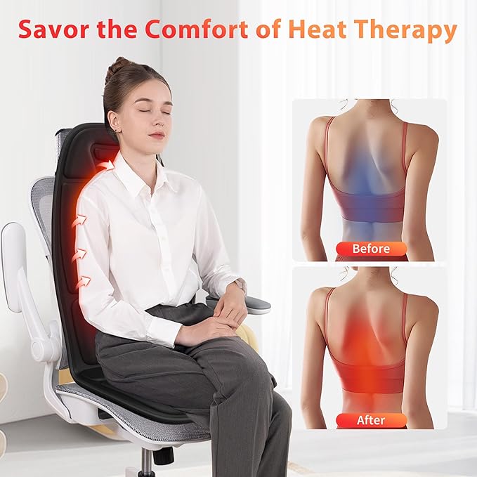 Back Massager with Heat, Massage Chair Pad with 5 Modes & 2 Heat Levels for Back & Thighs, Back Massage Pad for Office & Home Chairs, Matte Black