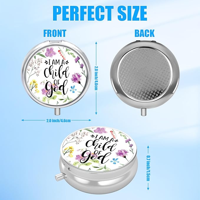 Christian God Pill Case,Bible Verse Pill Box 3 Compartments Metal Small Pill Holder with Mirror Mini Travel Pill Container for Purse Pocket Women Men